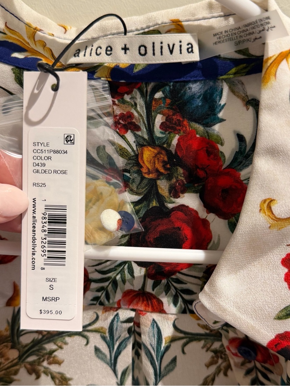 Alice & Olivia - Floral Baroque Print Long-Sleeve Shirt - Blue & White - Small - Picture 2 of 3